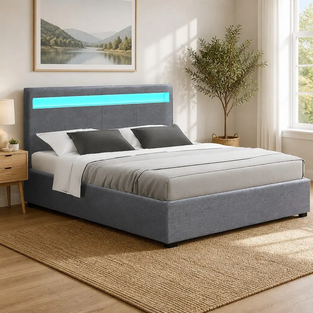 Queen Size Gas Lift Bed Frame with LED Headboard