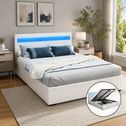 Queen Size LED Gas Lift Storage Bed Frame White Upholstered Headboard