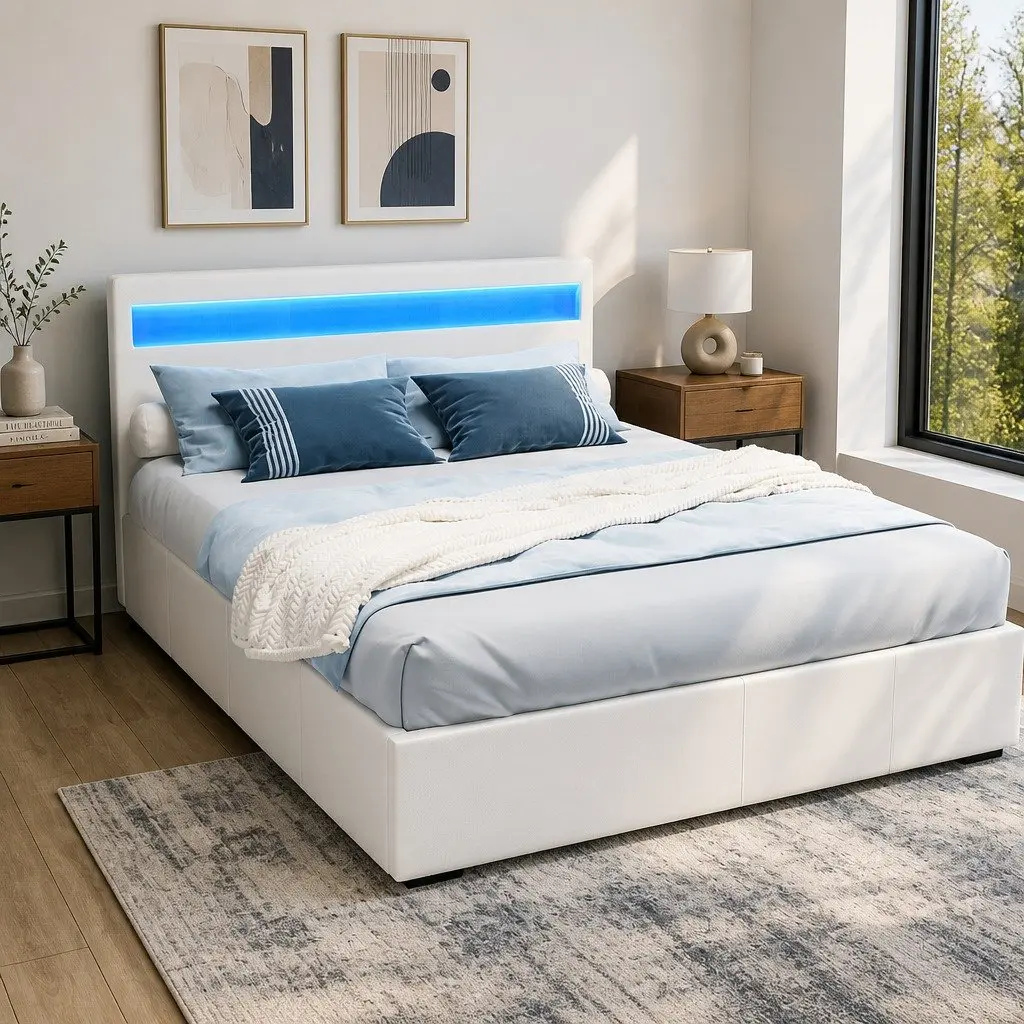 Queen Size Gas Lift Storage Bed Frame LED Headboard White Upholstered