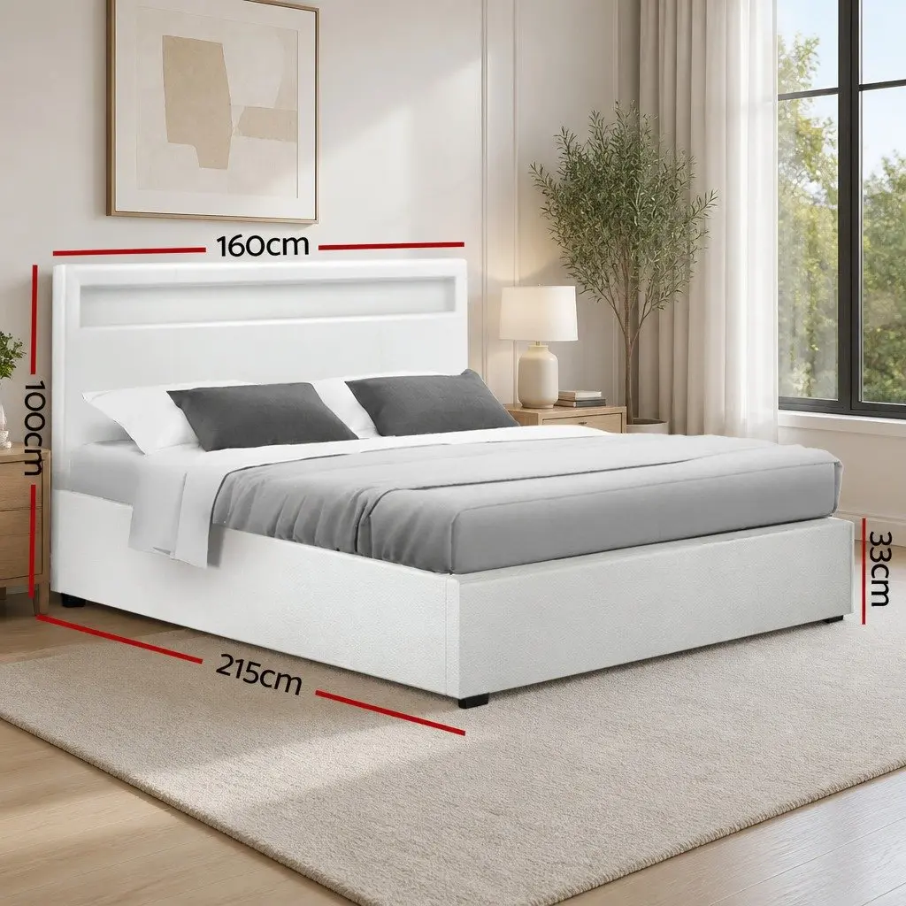 Queen Size Gas Lift Storage Bed Frame LED Headboard White Upholstered
