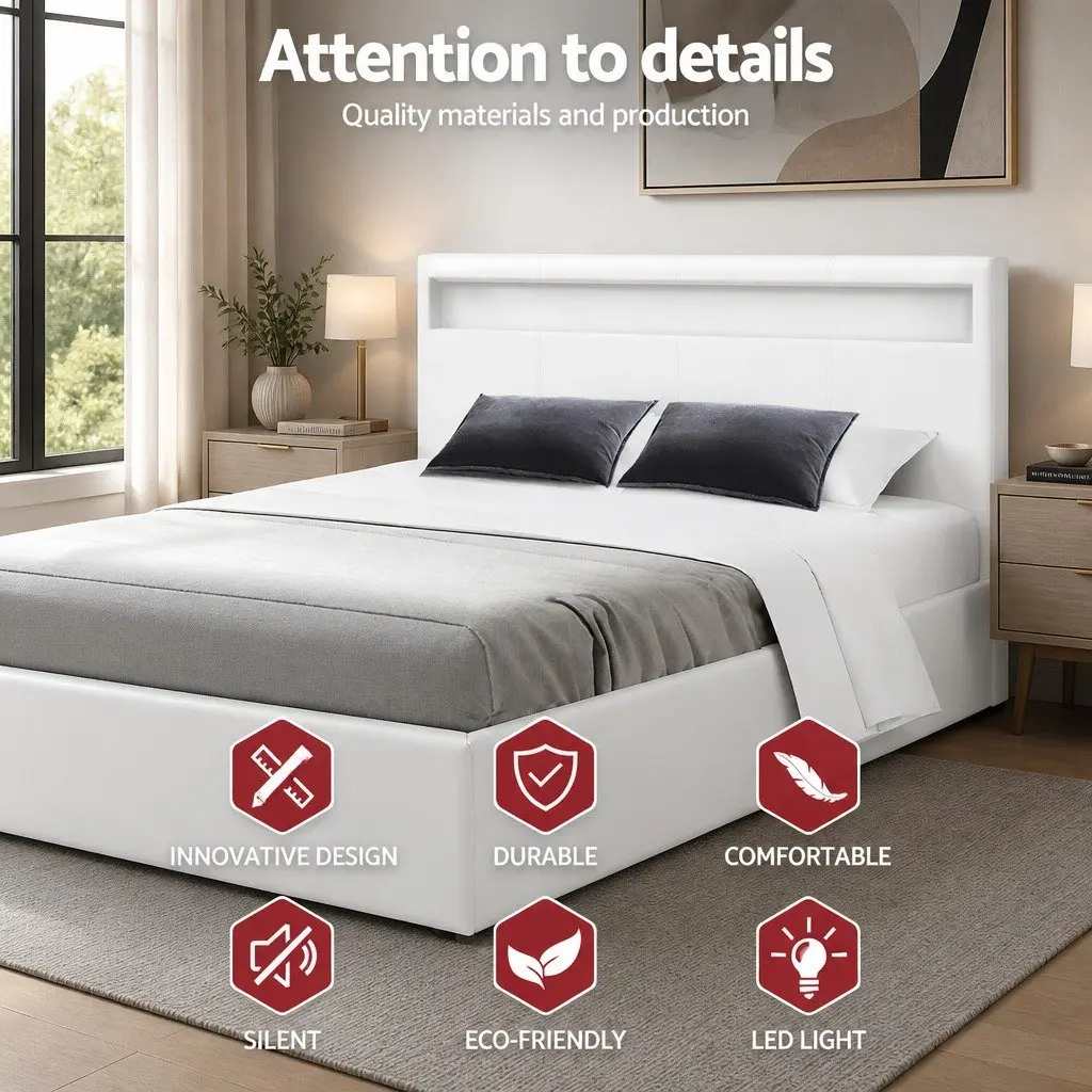 Queen Size Gas Lift Storage Bed Frame LED Headboard White Upholstered
