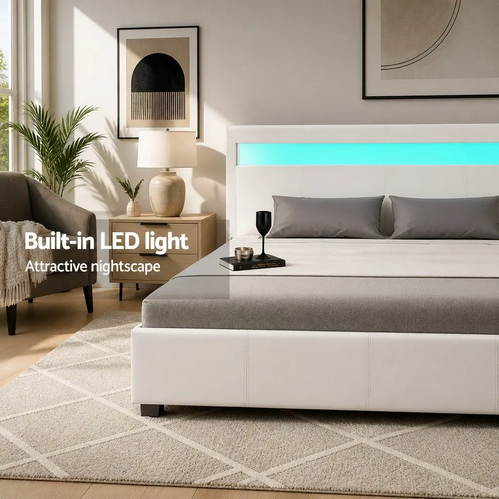 Queen Size Gas Lift Storage Bed Frame LED Headboard White Upholstered