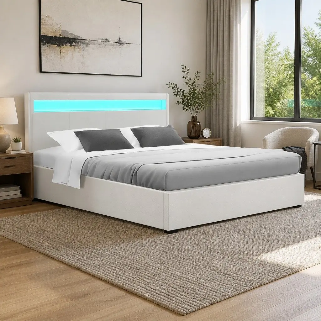 Queen Size Gas Lift Storage Bed Frame LED Headboard White Upholstered