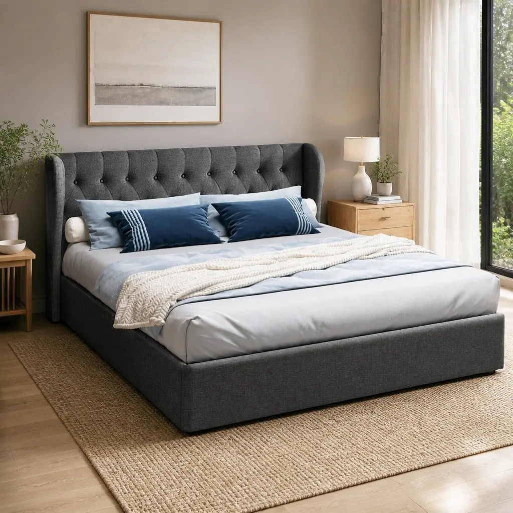 King Size Bed Frame Gas Lift Storage Tufted Headboard Charcoal