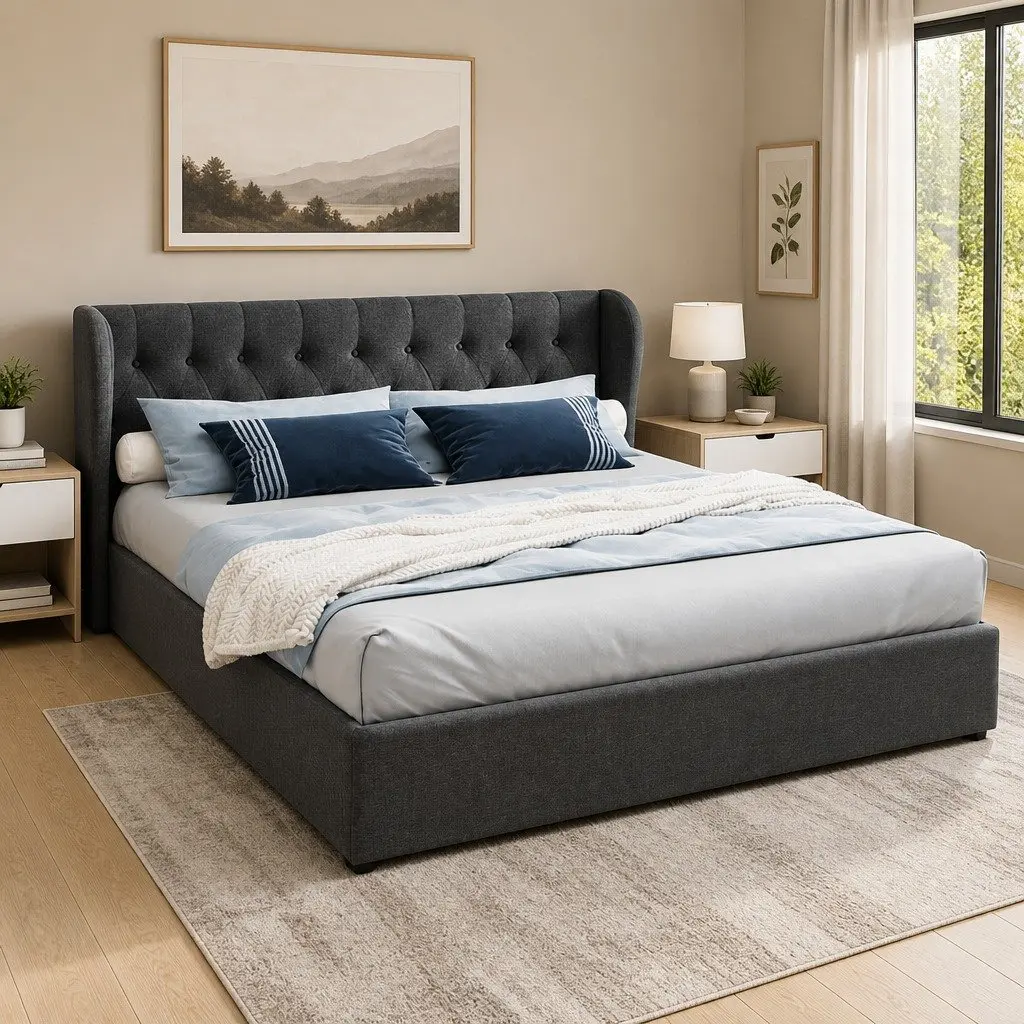 King Size Bed Frame Gas Lift Storage Tufted Headboard Charcoal