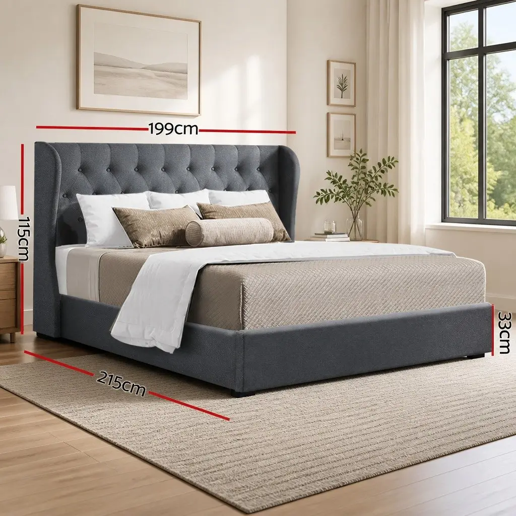 King Size Bed Frame Gas Lift Storage Tufted Headboard Charcoal