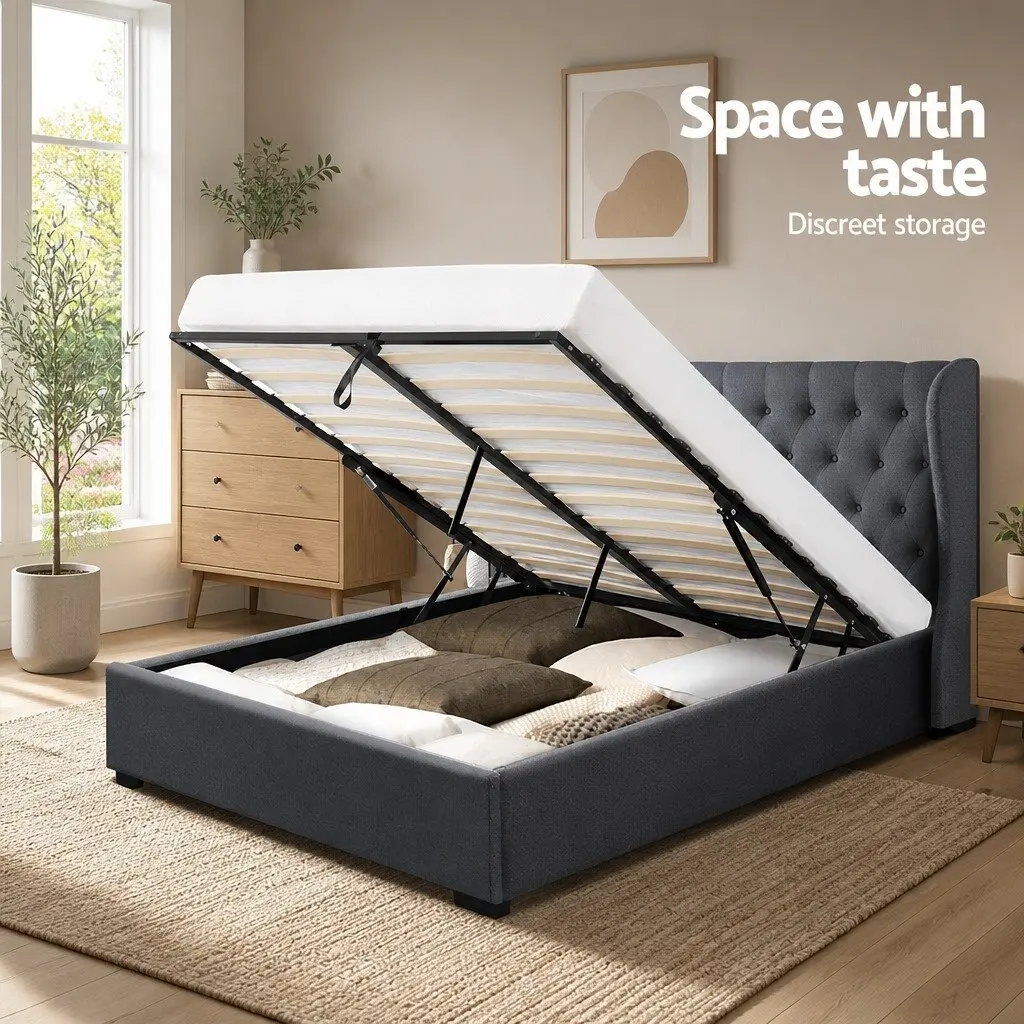 King Size Bed Frame Gas Lift Storage Tufted Headboard Charcoal