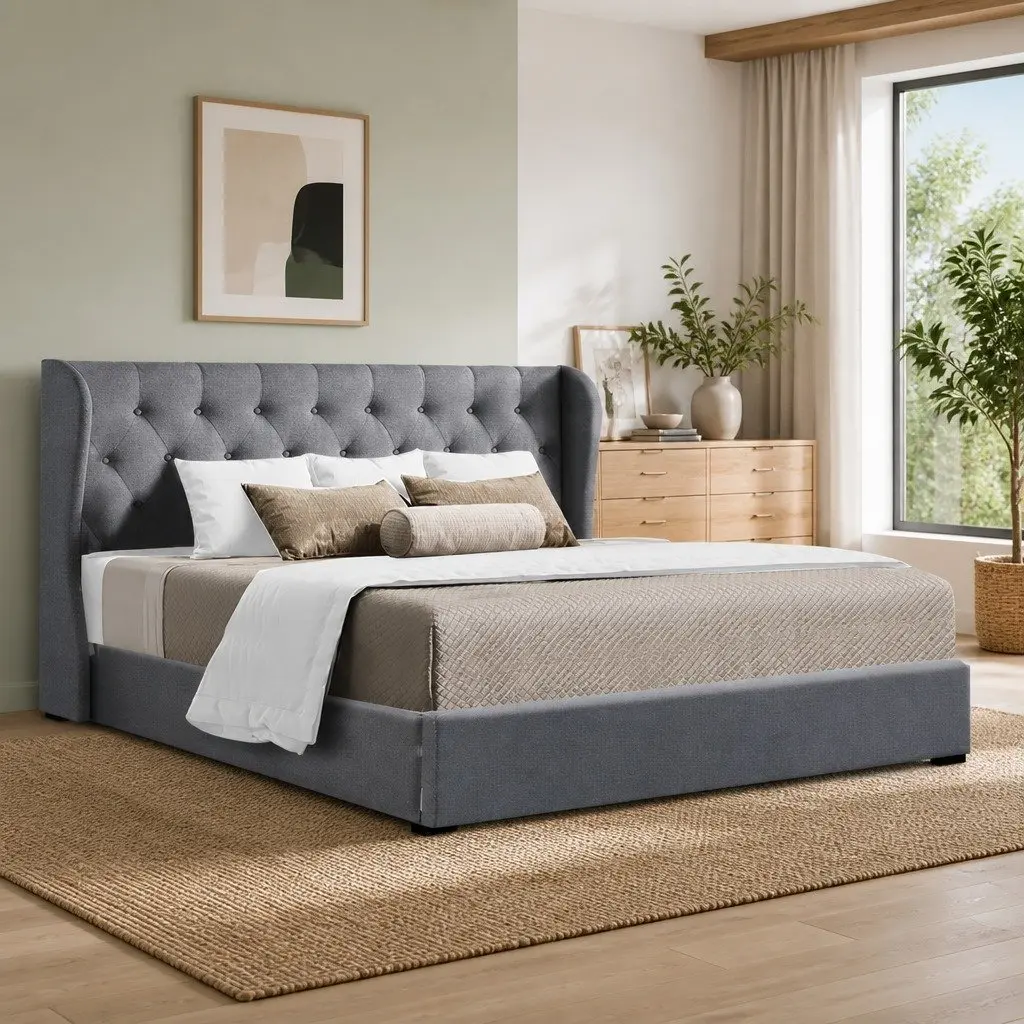 King Size Bed Frame Gas Lift Storage Tufted Headboard Grey