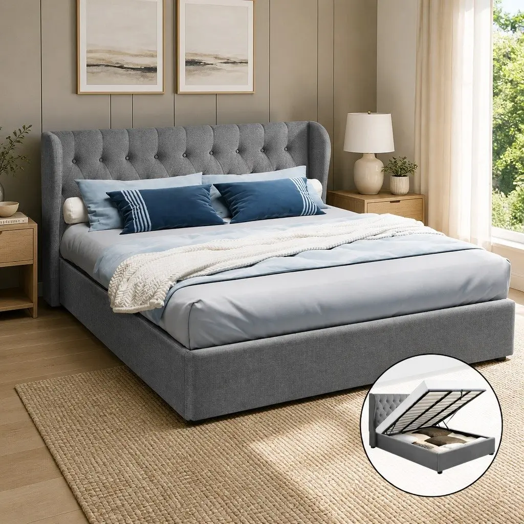 King Size Bed Frame Gas Lift Storage Tufted Headboard Grey