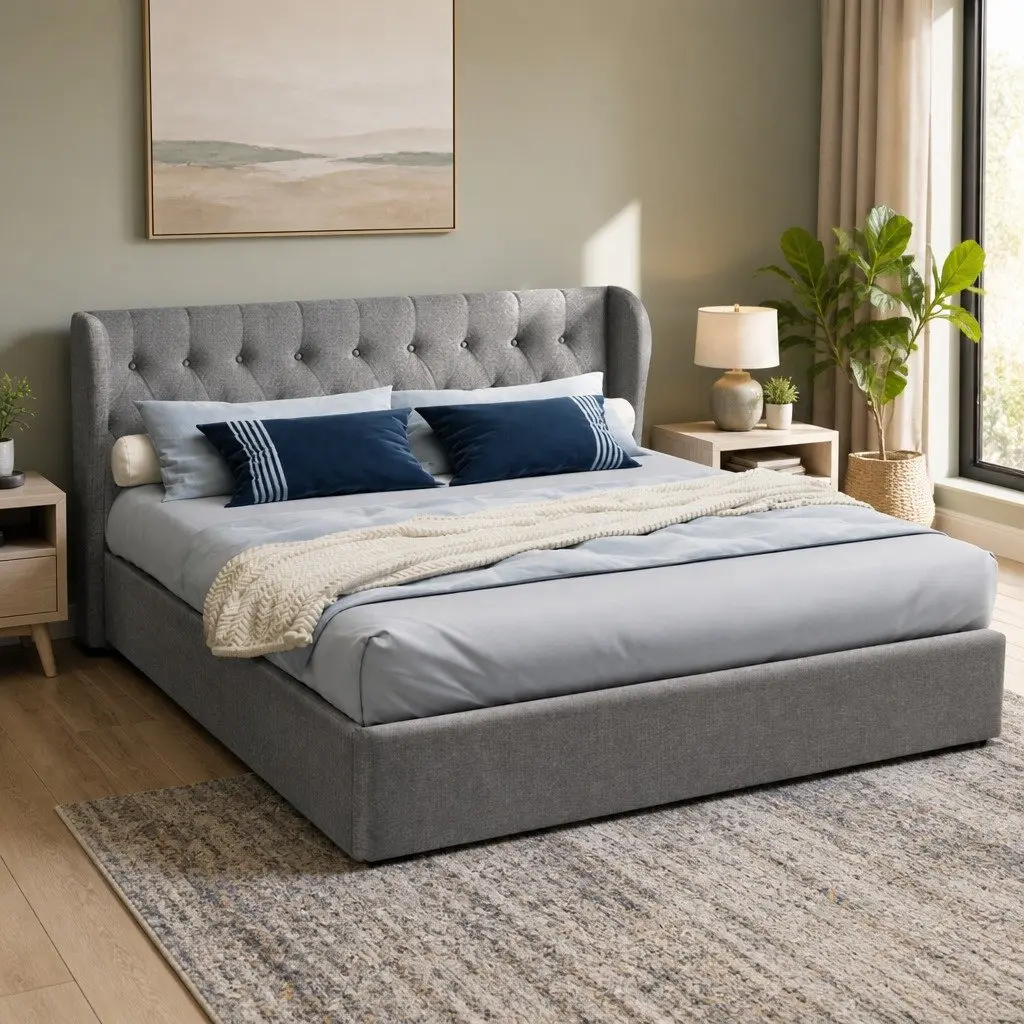 King Size Bed Frame Gas Lift Storage Tufted Headboard Grey