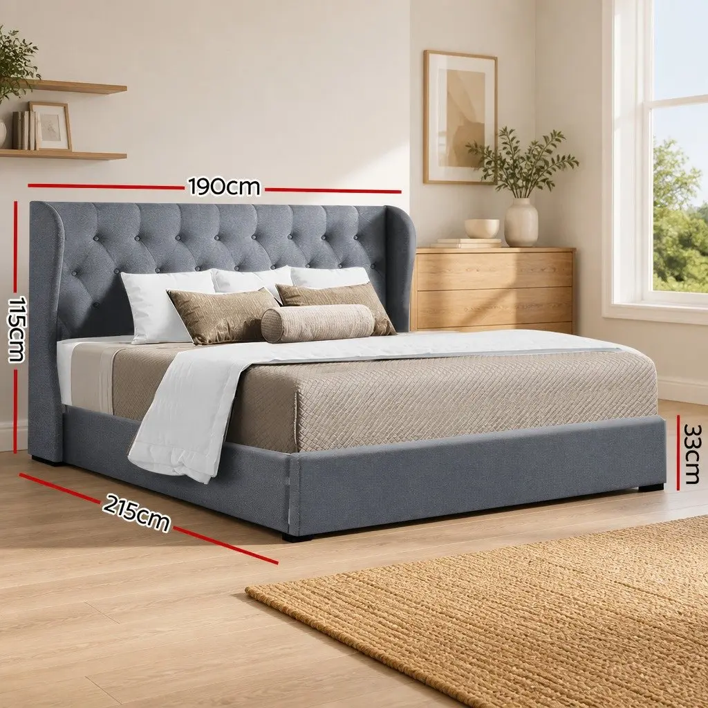 King Size Bed Frame Gas Lift Storage Tufted Headboard Grey