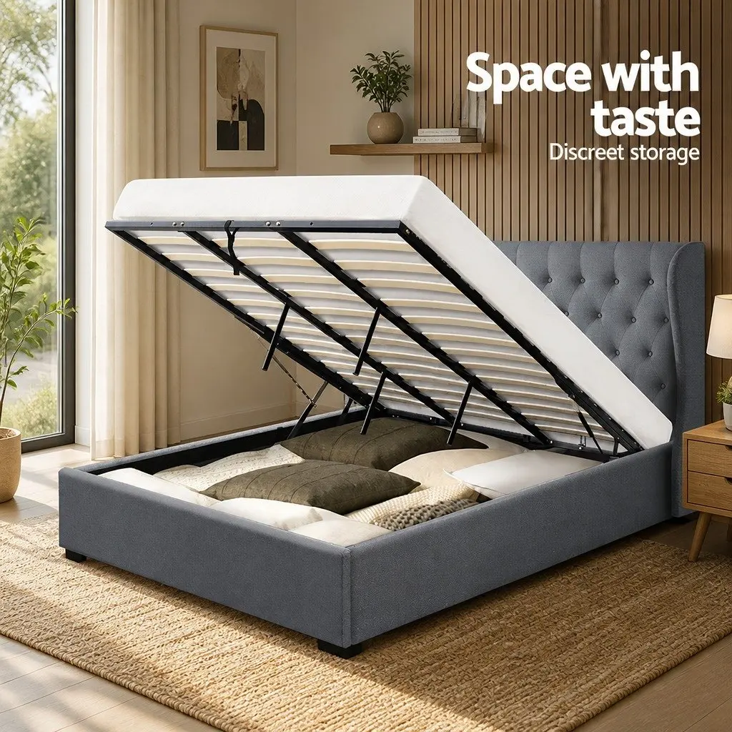 King Size Bed Frame Gas Lift Storage Tufted Headboard Grey