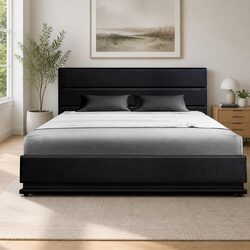 Double Bed Frame Gas Lift Storage LED Lights Black Upholstered Headboard