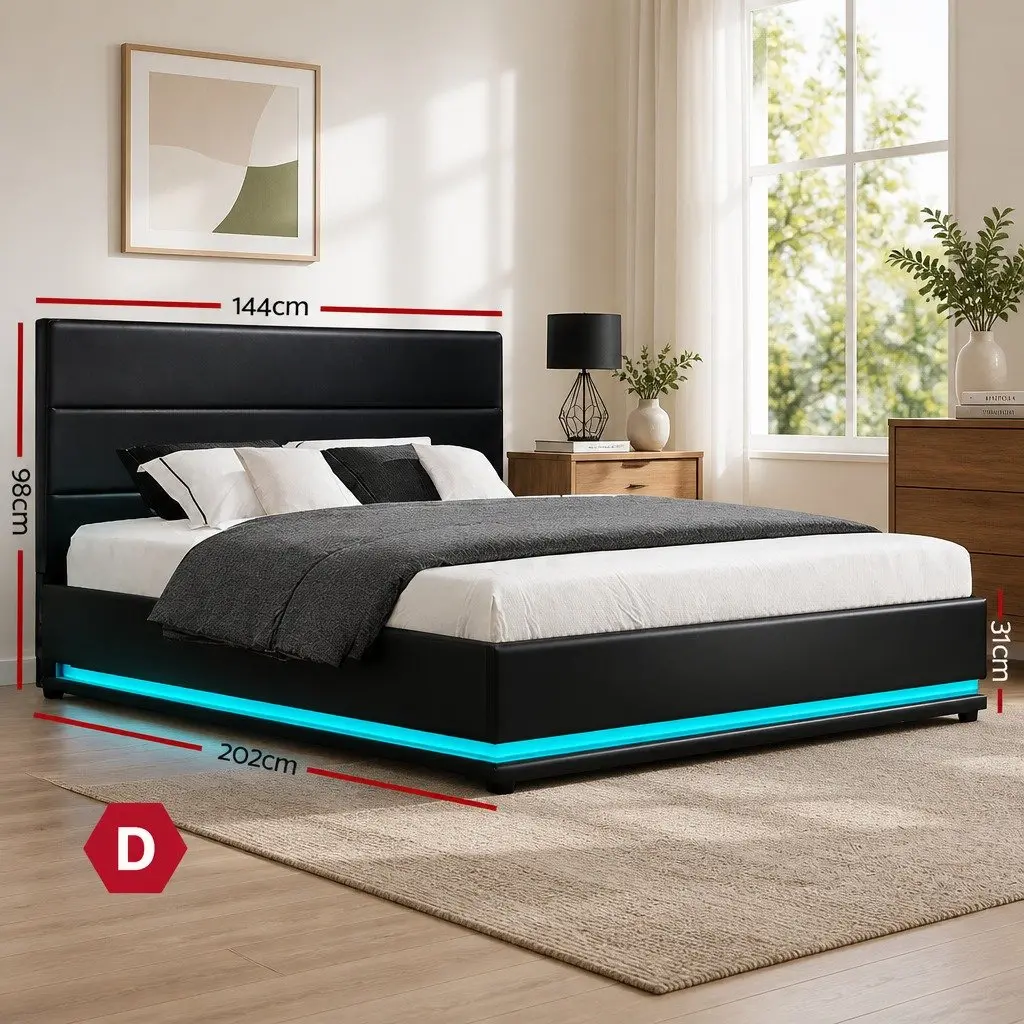 Bed Frame Double Size LED Gas Lift Storage Black Upholstered PVC Leather