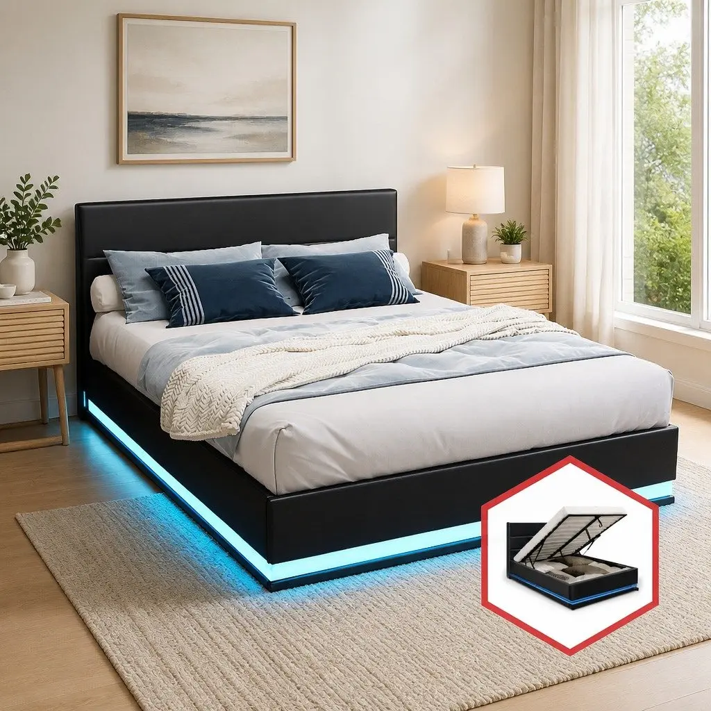Bed Frame Double Size LED Gas Lift Storage Black Upholstered PVC Leather