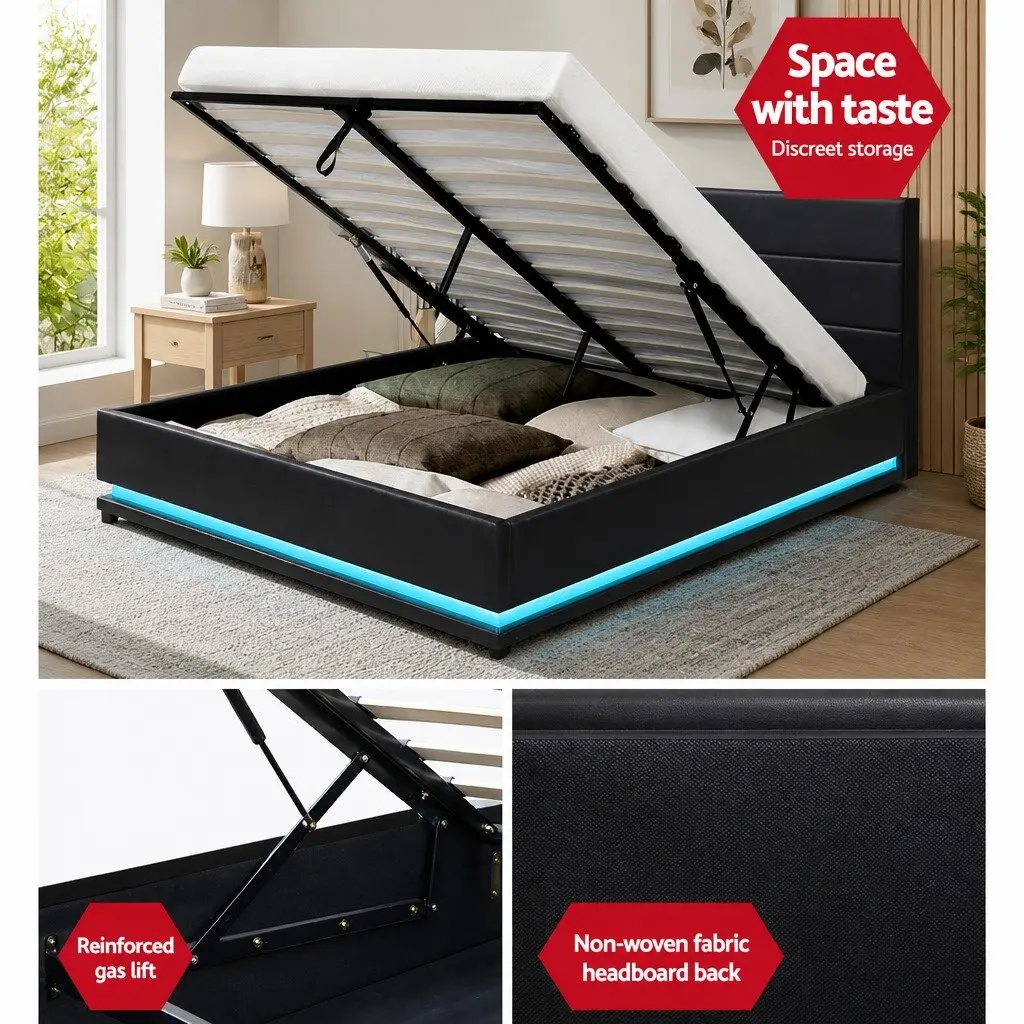 Bed Frame Double Size LED Gas Lift Storage Black Upholstered PVC Leather