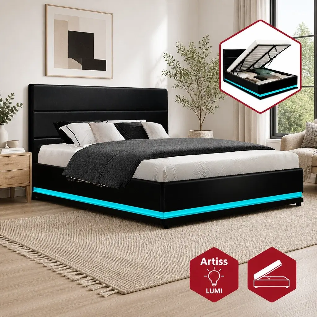 Bed Frame Double Size LED Gas Lift Storage Black Upholstered PVC Leather