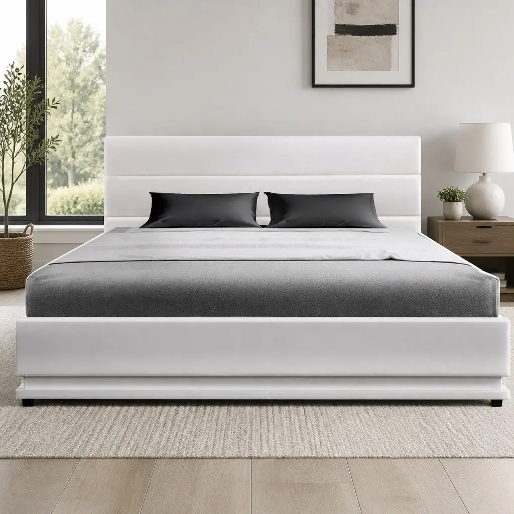 Double Bed Frame LED Gas Lift Storage White Upholstered Headboard Light