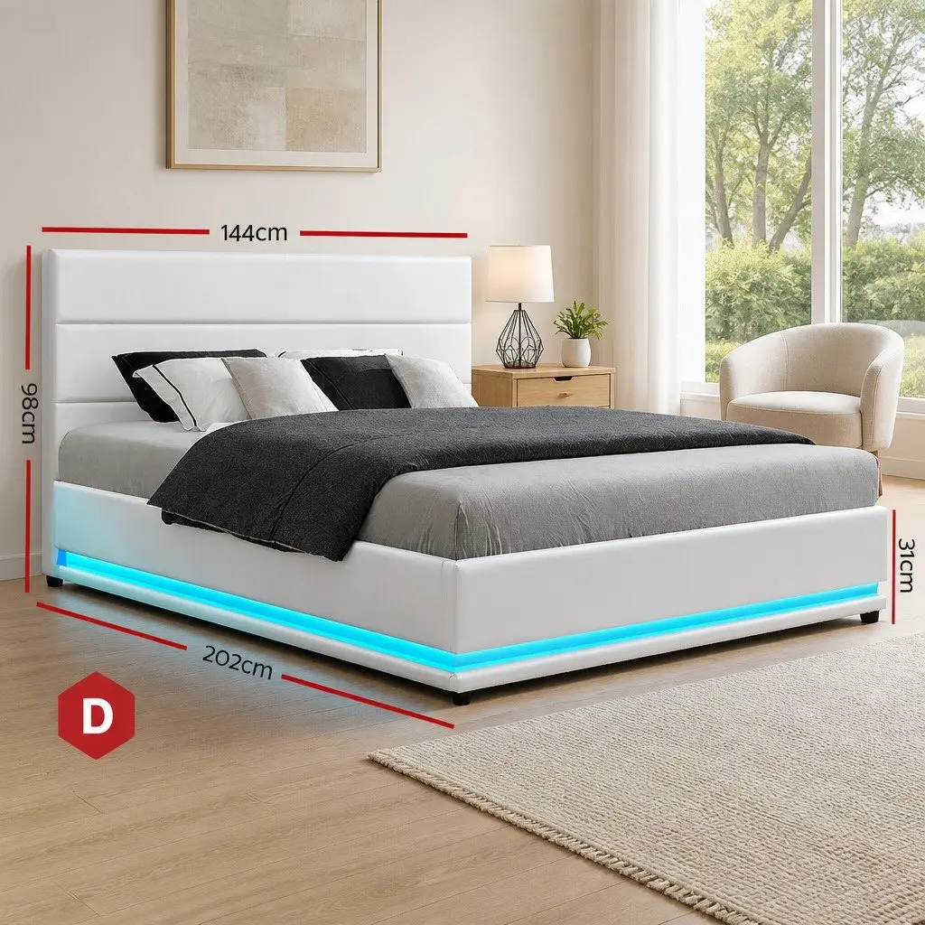 Double Bed Frame LED Gas Lift Storage White Upholstered Headboard Light