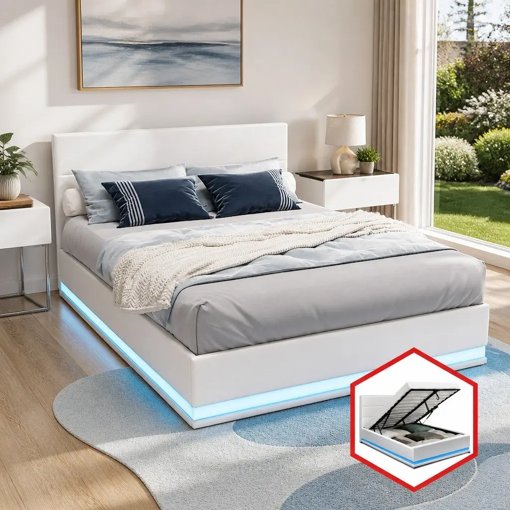 Double Bed Frame LED Gas Lift Storage White Upholstered Headboard Light