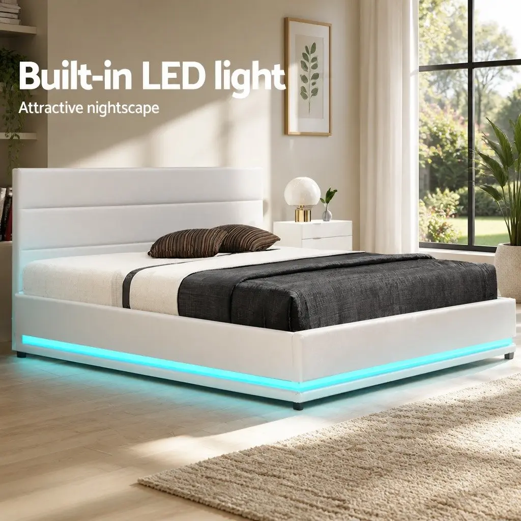 Double Bed Frame LED Gas Lift Storage White Upholstered Headboard Light