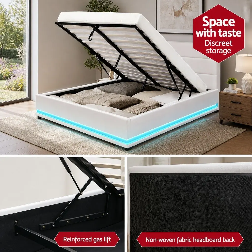 Double Bed Frame LED Gas Lift Storage White Upholstered Headboard Light