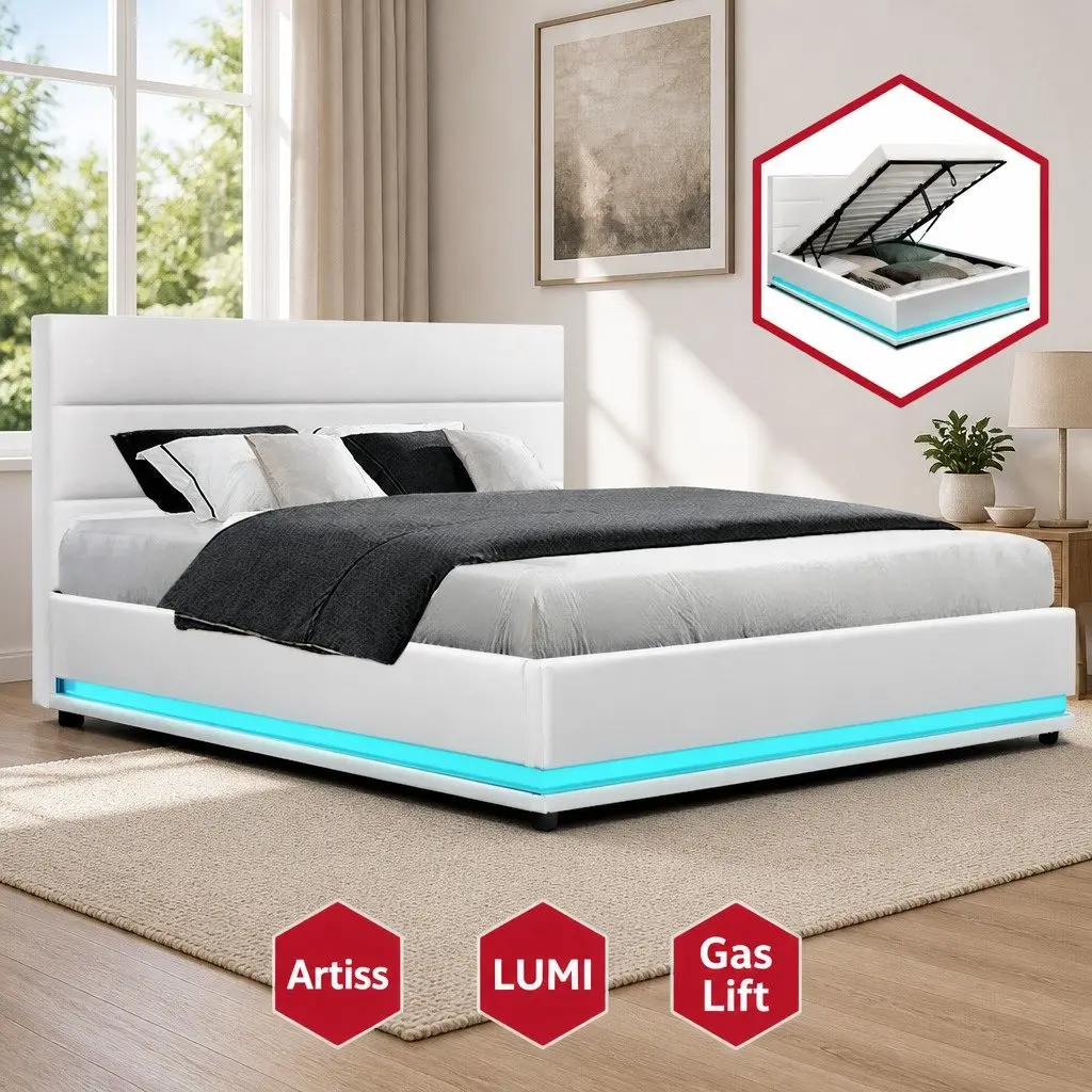 Double Bed Frame LED Gas Lift Storage White Upholstered Headboard Light