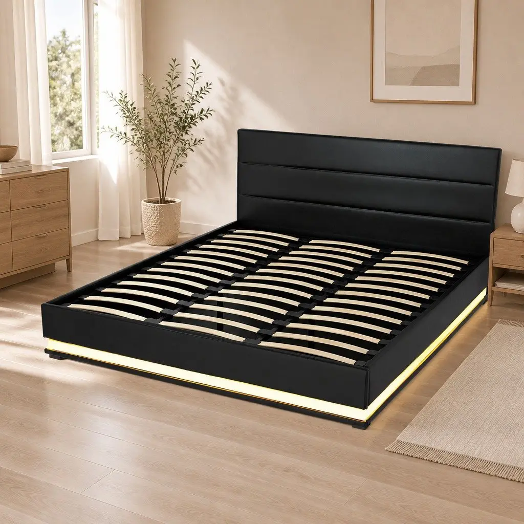 Bed Frame King Size with Padded Headboard LED Lighting Gas Lift Storage Black