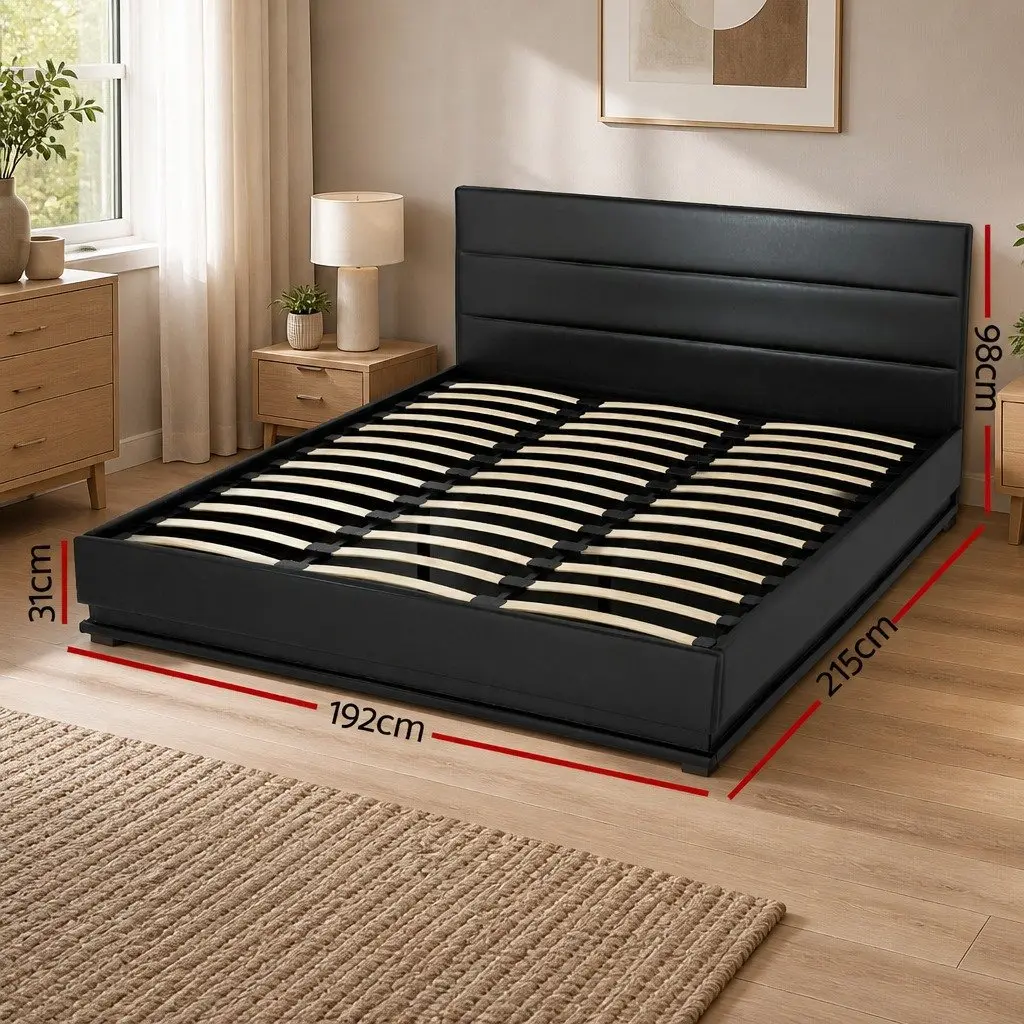 Bed Frame King Size with Padded Headboard LED Lighting Gas Lift Storage Black