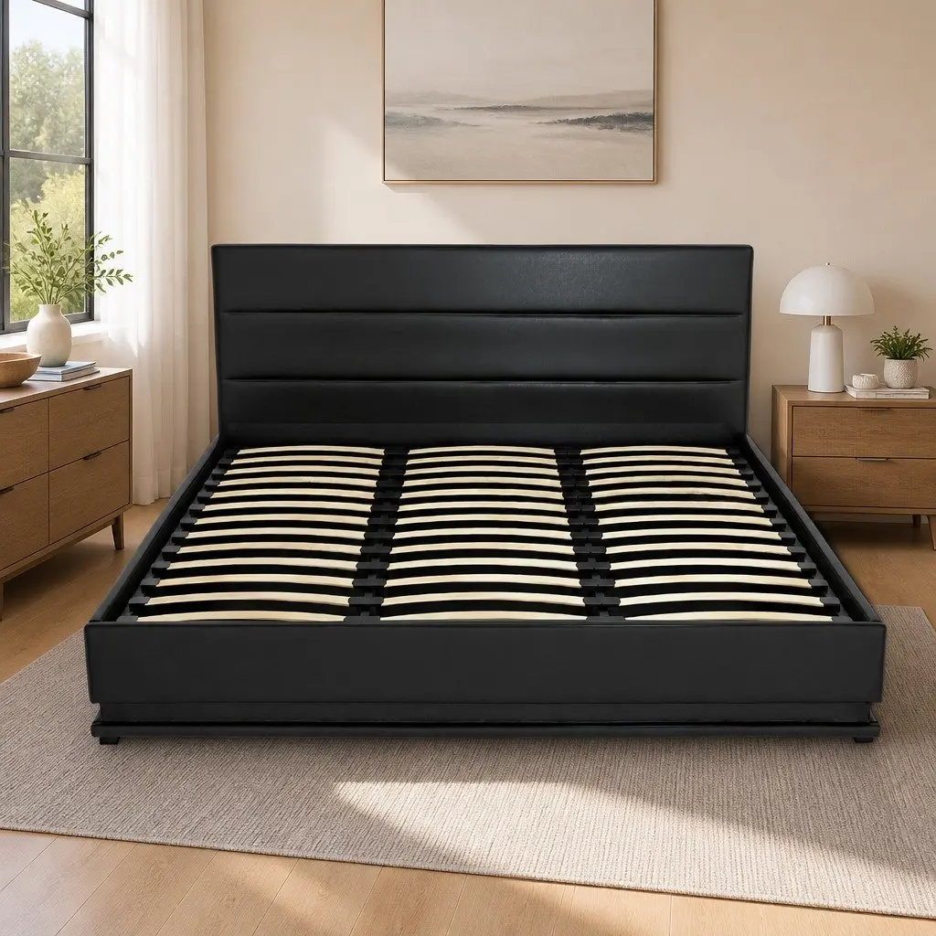 Bed Frame King Size with Padded Headboard LED Lighting Gas Lift Storage Black