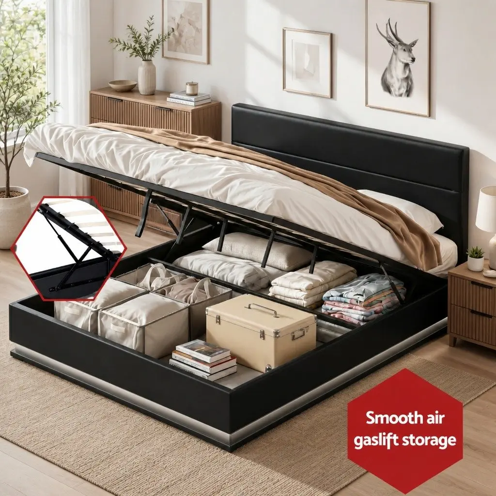 Bed Frame King Size with Padded Headboard LED Lighting Gas Lift Storage Black