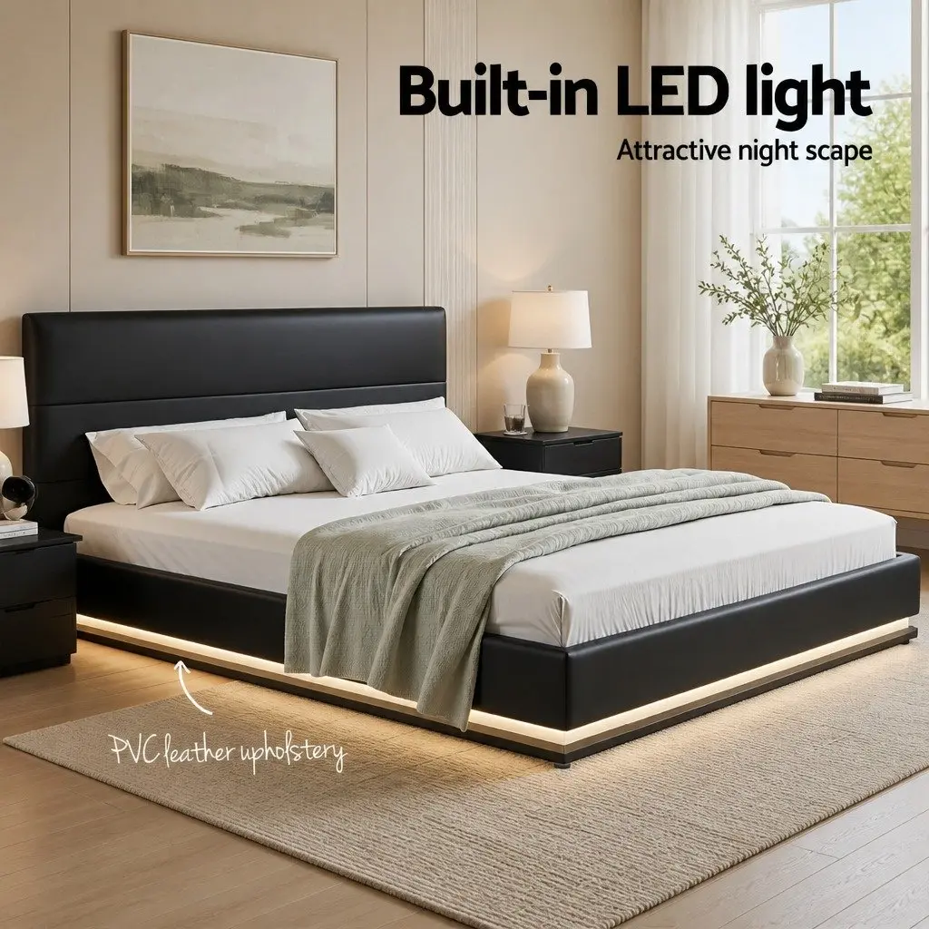 Bed Frame King Size with Padded Headboard LED Lighting Gas Lift Storage Black