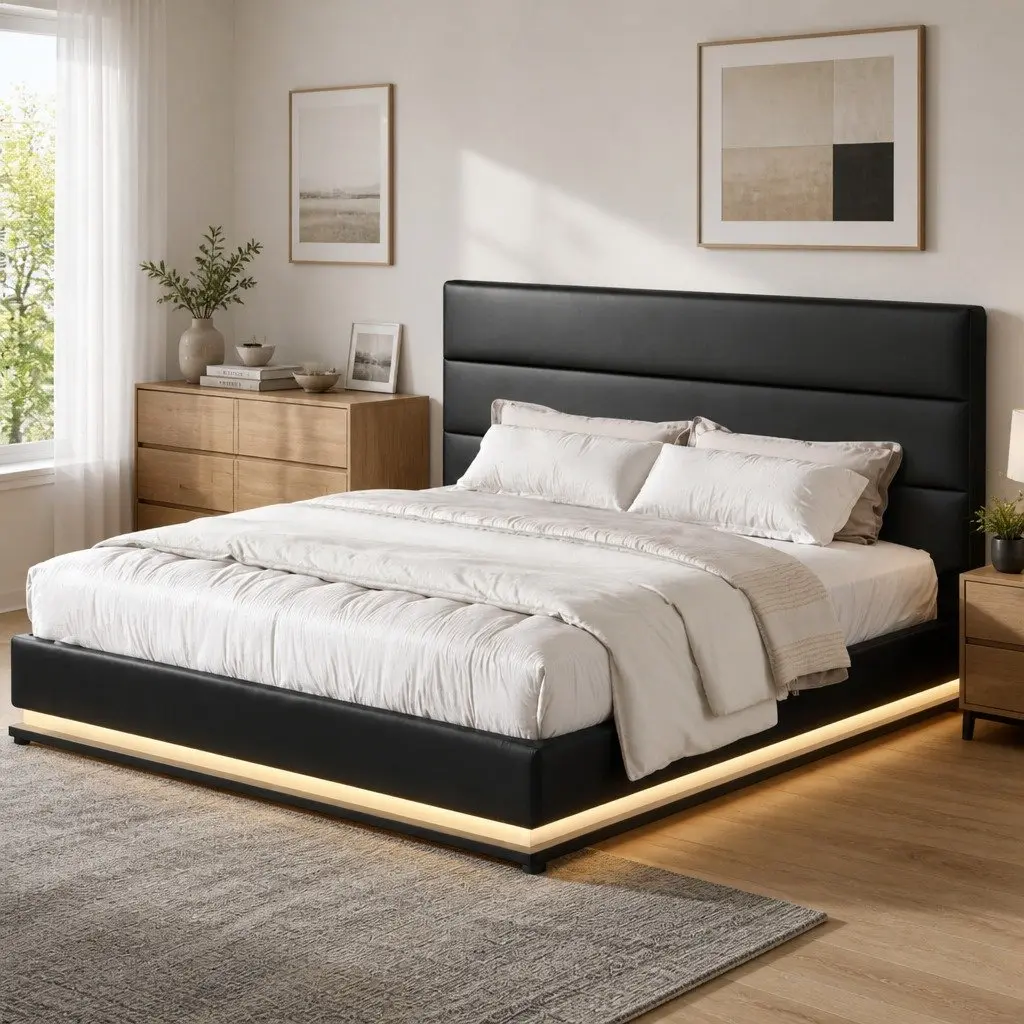 Bed Frame King Size with Padded Headboard LED Lighting Gas Lift Storage Black