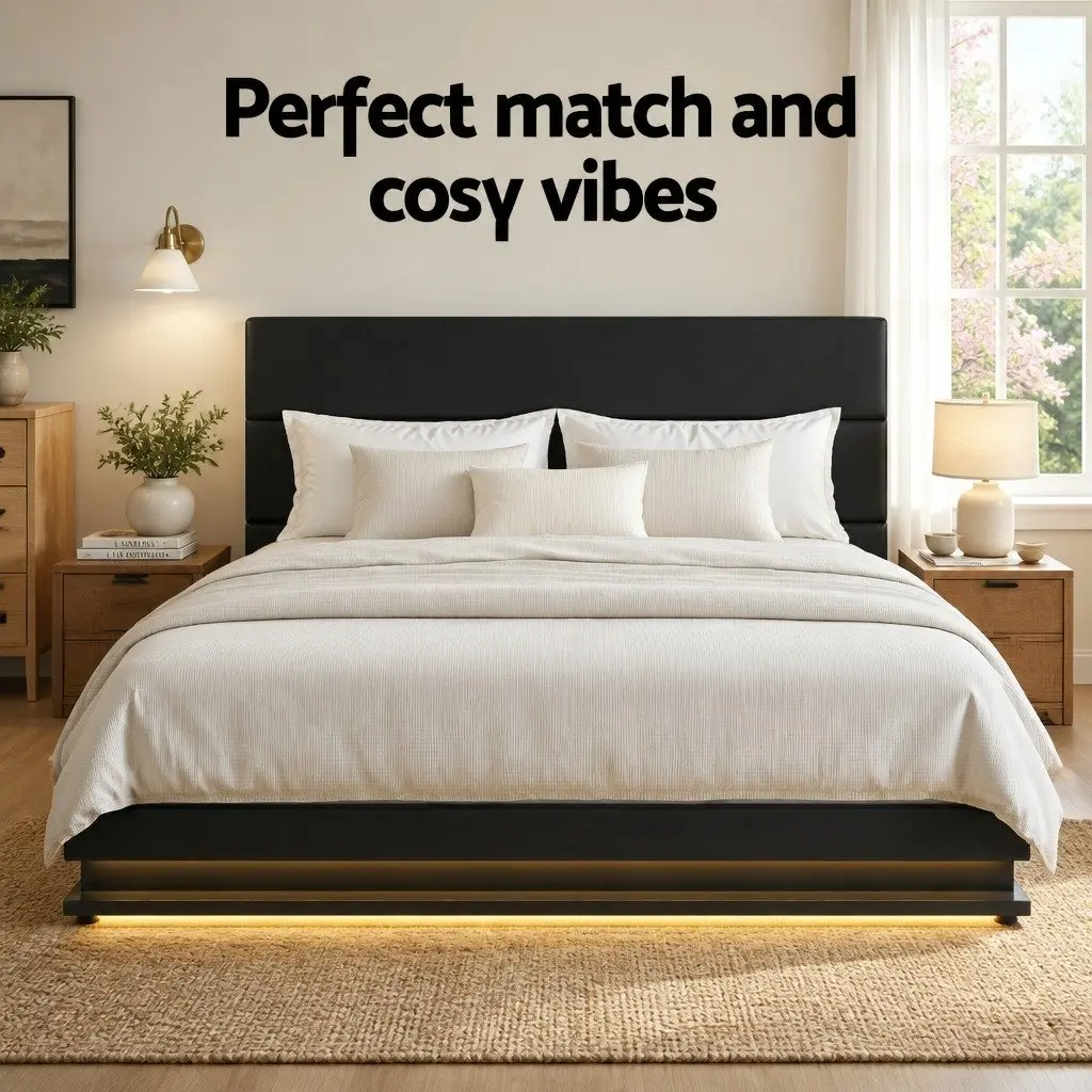 Bed Frame King Size with Padded Headboard LED Lighting Gas Lift Storage Black