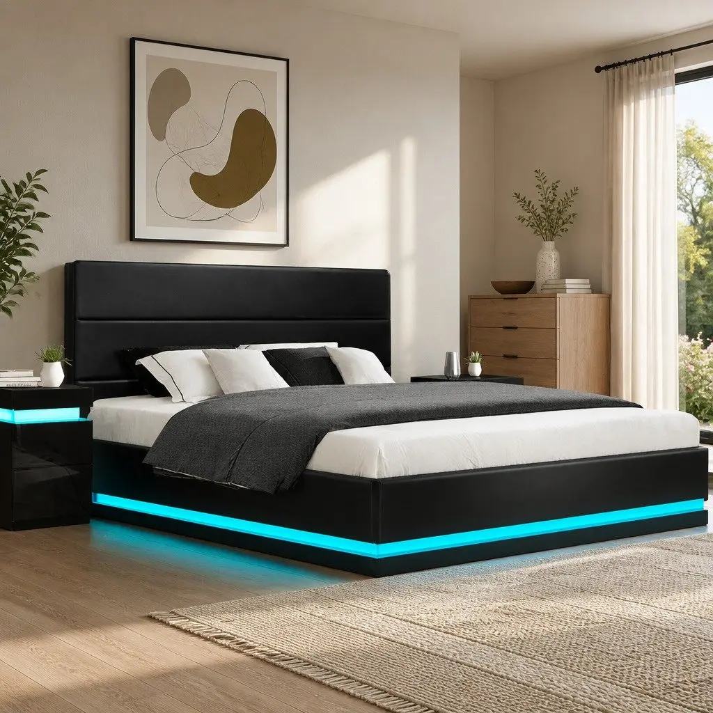 Bed Frame King Size with Padded Headboard LED Lighting Gas Lift Storage Black