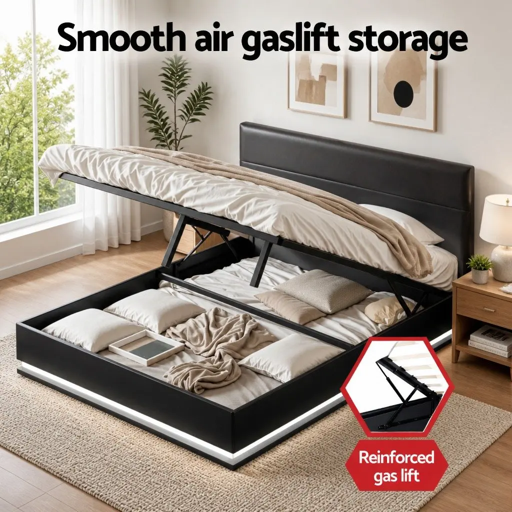 Queen Bed Frame Offering Storage and LED Lighting