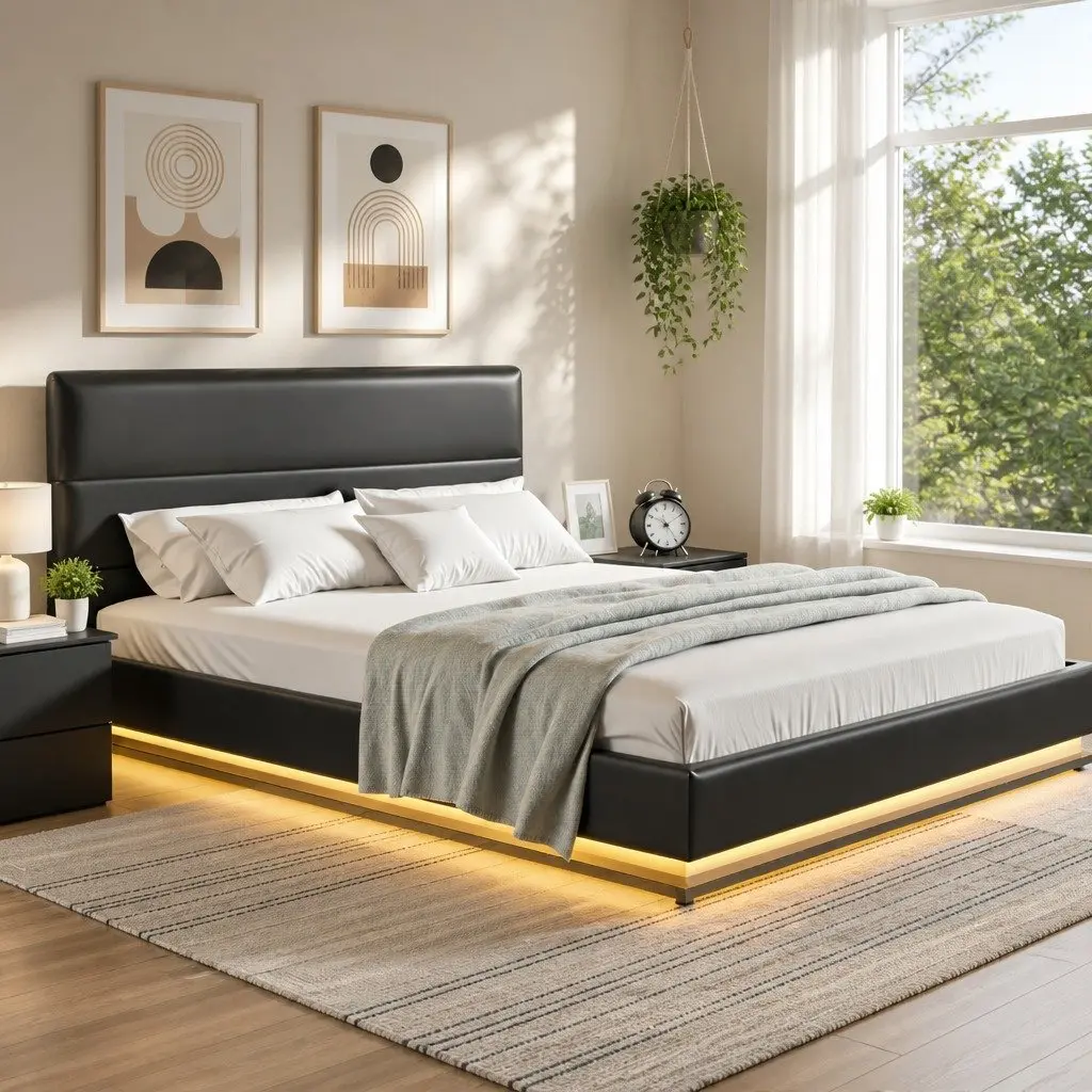 Queen Bed Frame Offering Storage and LED Lighting