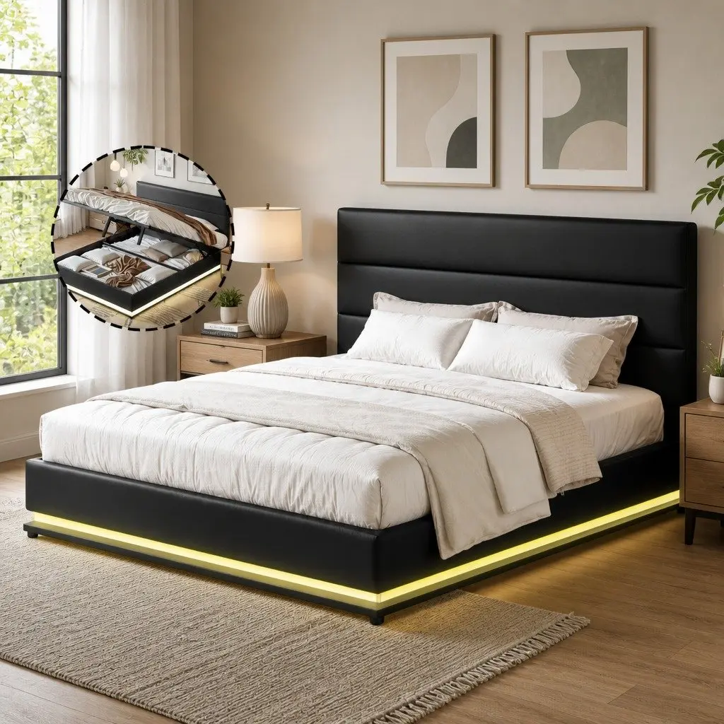 Queen Bed Frame Offering Storage and LED Lighting