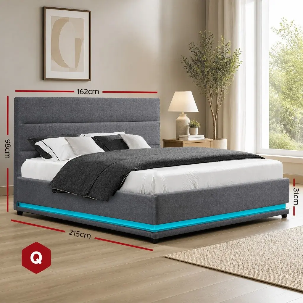 Gas Lift Bed Frame Queen Size with Storage LED Light Upholstered Headboard Grey