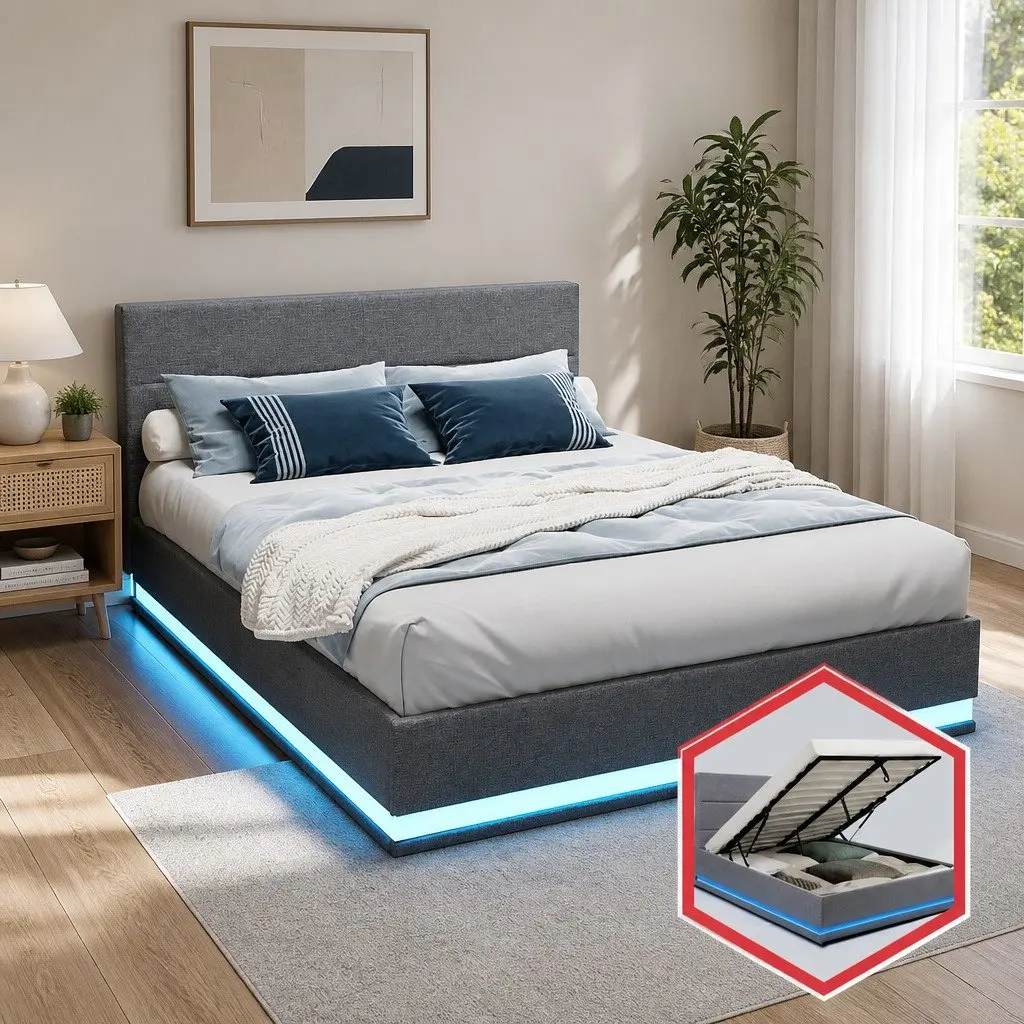 Gas Lift Bed Frame Queen Size with Storage LED Light Upholstered Headboard Grey