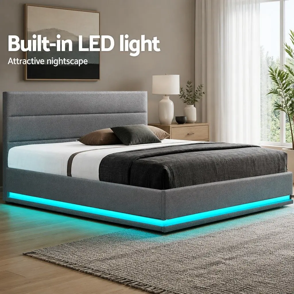 Gas Lift Bed Frame Queen Size with Storage LED Light Upholstered Headboard Grey