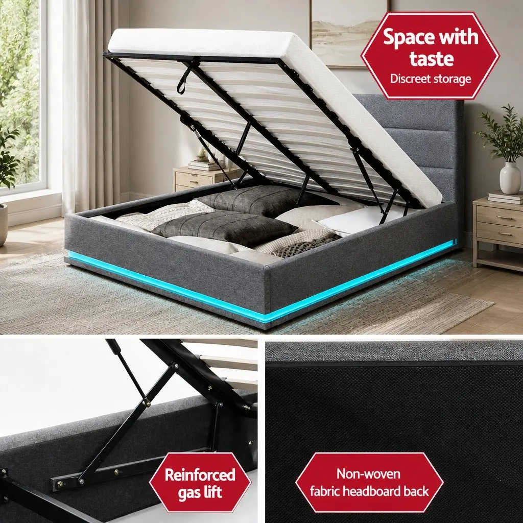 Gas Lift Bed Frame Queen Size with Storage LED Light Upholstered Headboard Grey