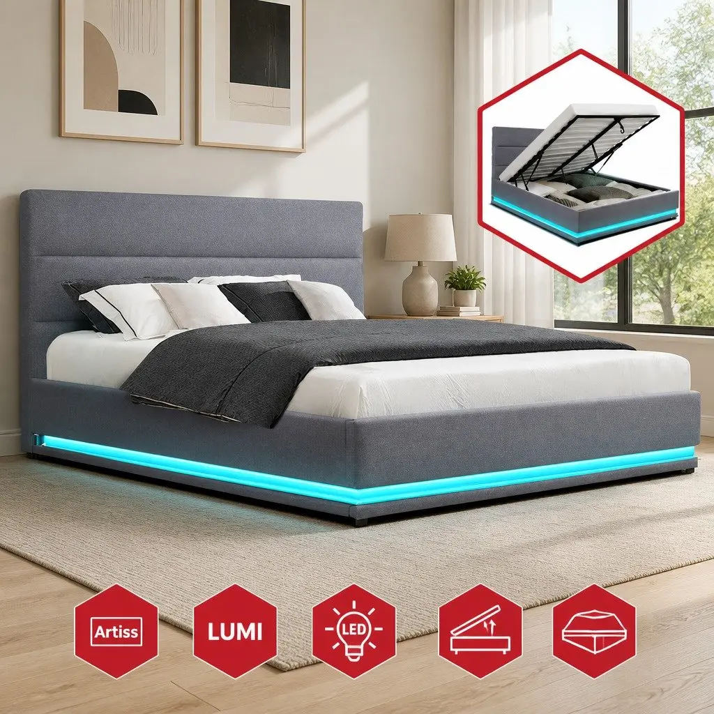 Gas Lift Bed Frame Queen Size with Storage LED Light Upholstered Headboard Grey