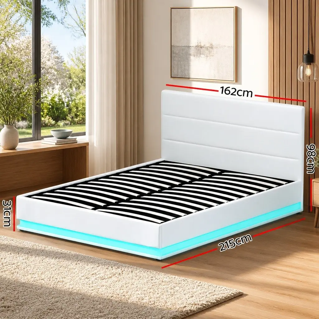 Queen Size Bed Frame Gas Lift Storage LED Lights White