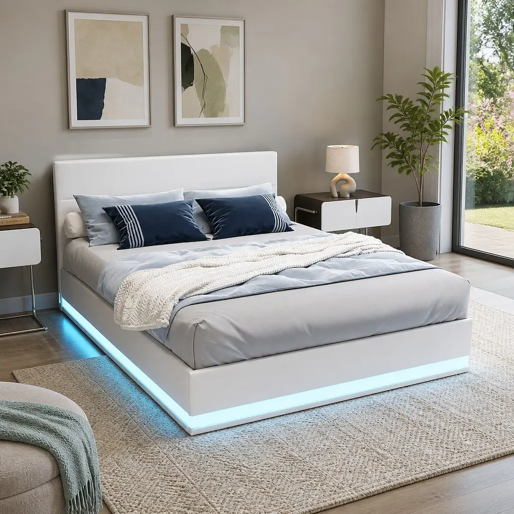 Queen Size Bed Frame Gas Lift Storage LED Lights White