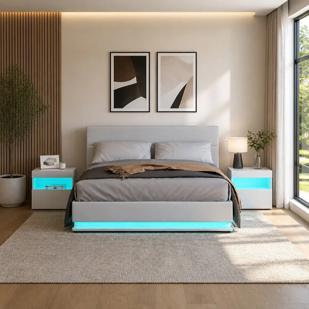 Queen Size Bed Frame Gas Lift Storage LED Lights White