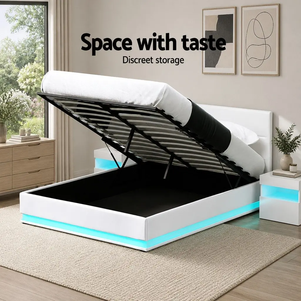 Queen Size Bed Frame Gas Lift Storage LED Lights White