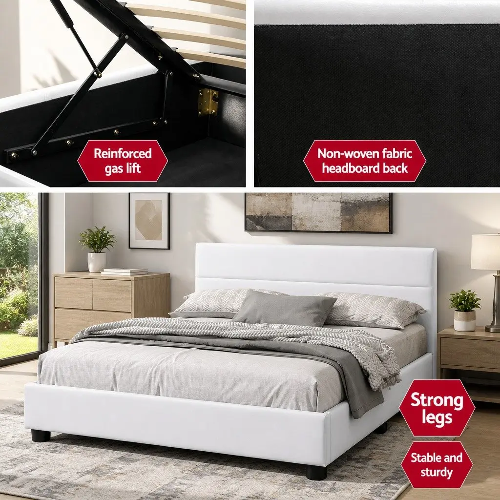 Queen Size Bed Frame Gas Lift Storage LED Lights White