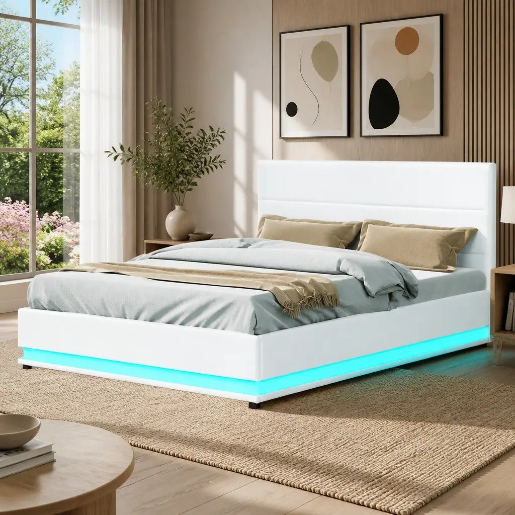 Queen Size Bed Frame Gas Lift Storage LED Lights White