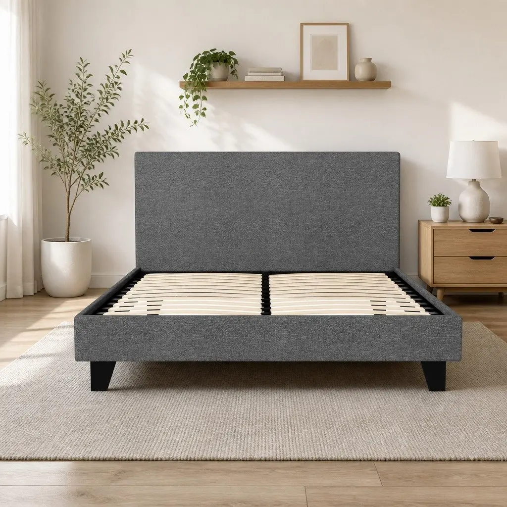 Grey Upholstered Double Bed Frame with Headboard